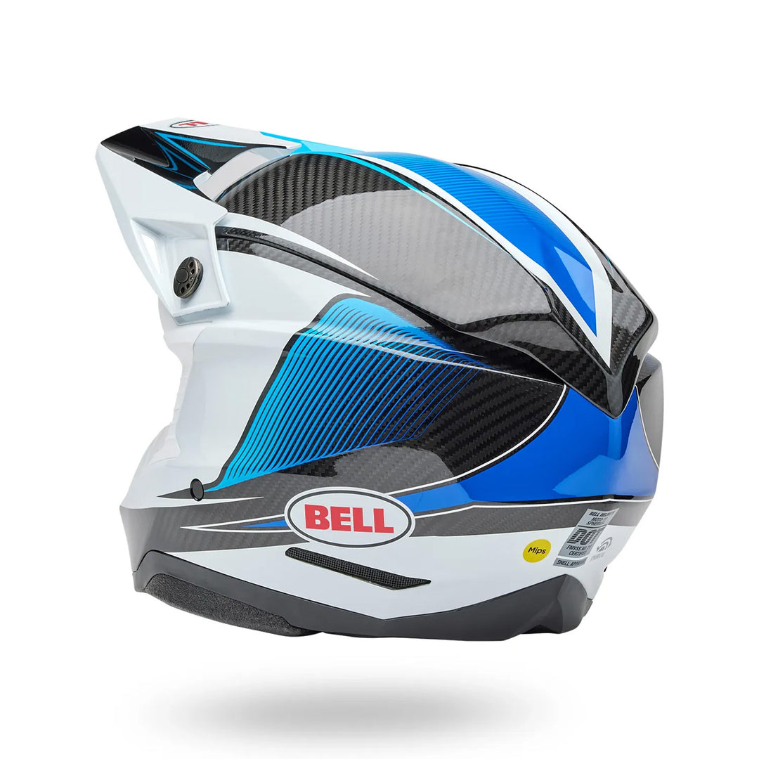 Bell Moto-10 Spherical Evade Helmet Gloss White/Blue - Rear Left Side View