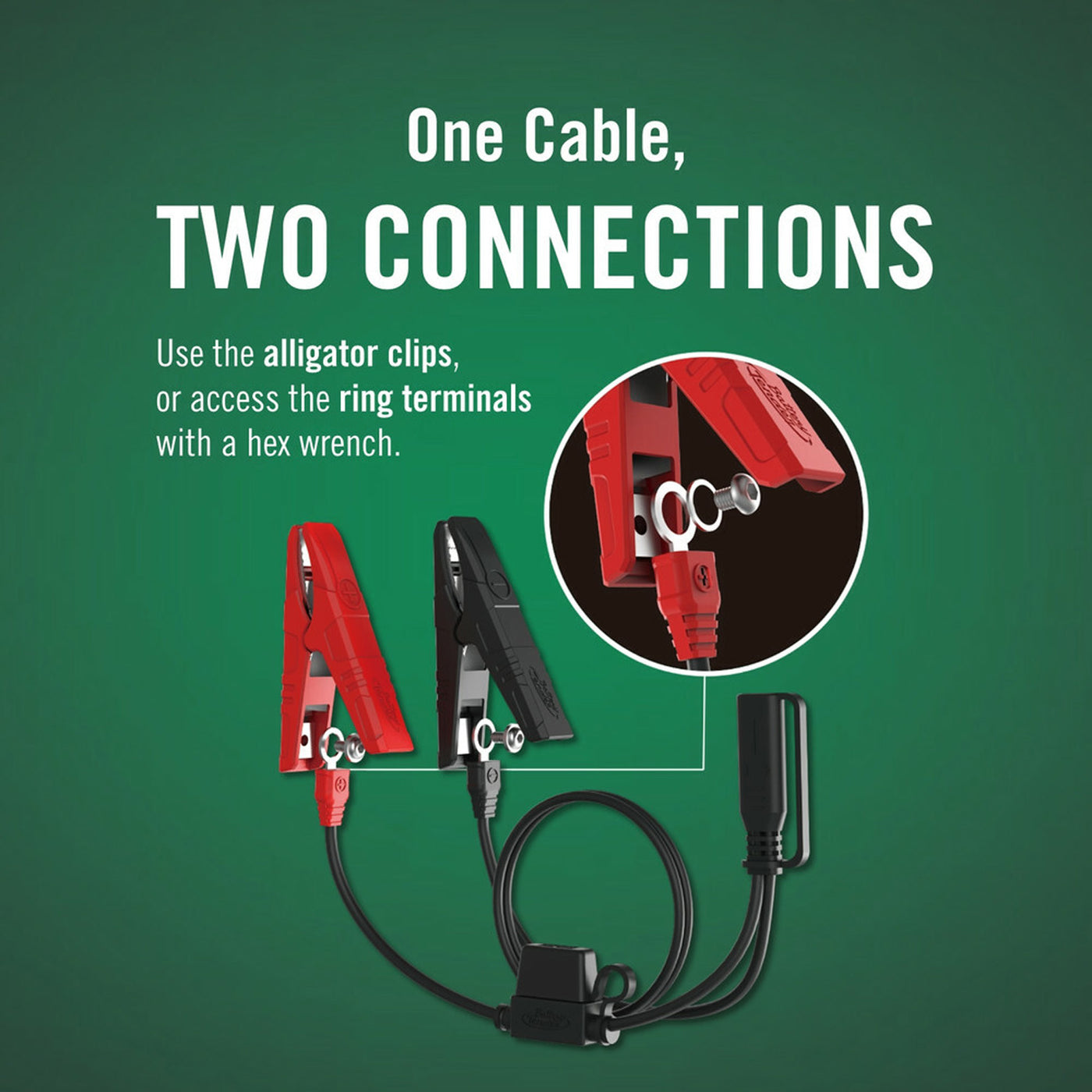 Battery Tender Junior Selectable 12V Charger - Info Graphic: One Cable, Two Connections