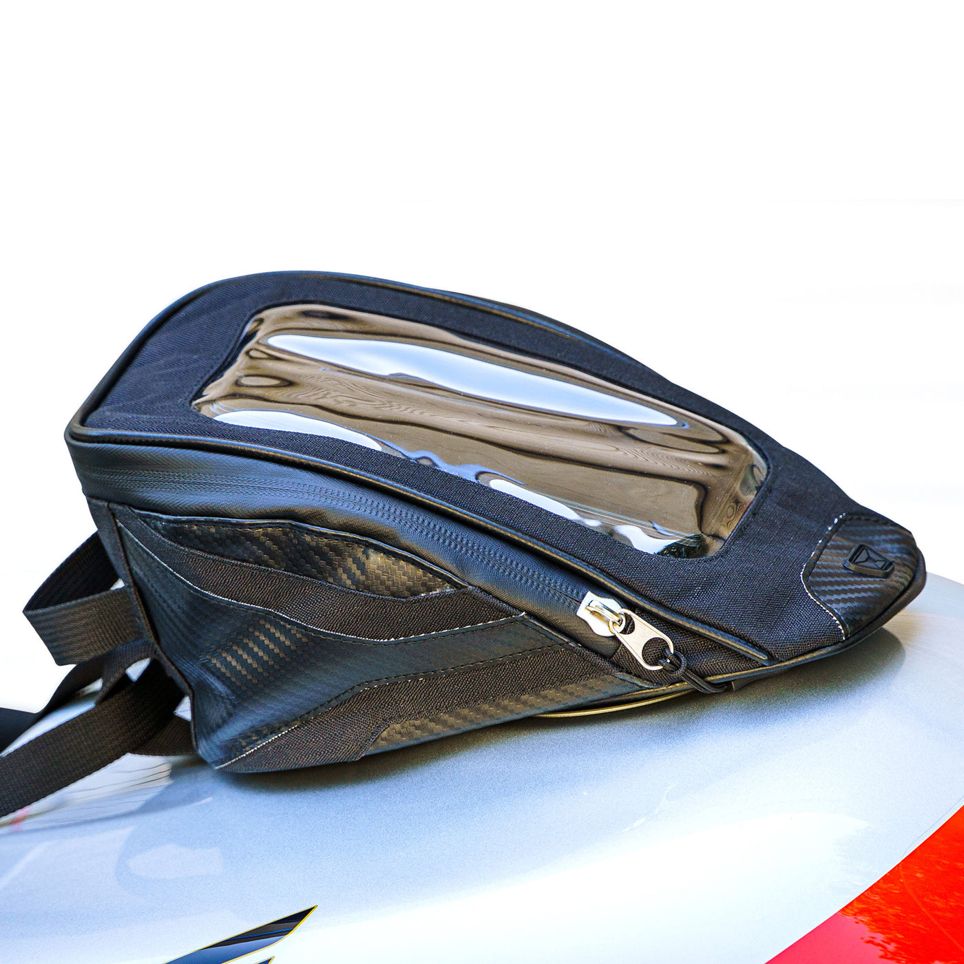 Cortech Micro 2.5 Tank Bag - Side View on Silver Motorcycle Tank