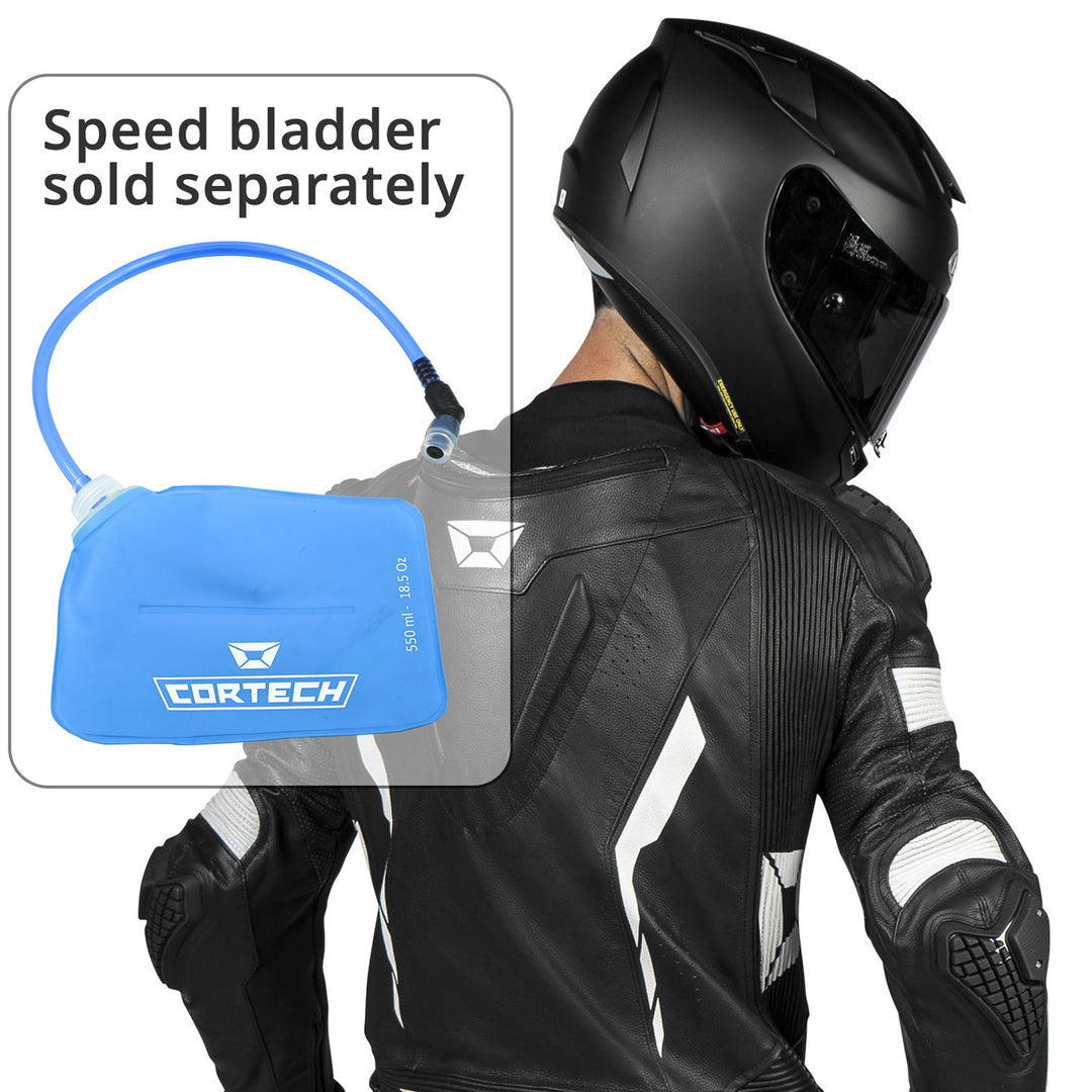 Cortech Sector Pro Air 1-Piece Leather Suit Black/White - Close-Up of Rear View with Image of Speed Bladder (Sold Separately) Overlaid on Top