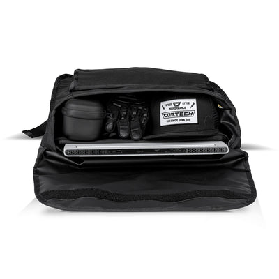 Cortech Waterproof Messenger Bag - Top View of Open Bag with gear and laptop inside