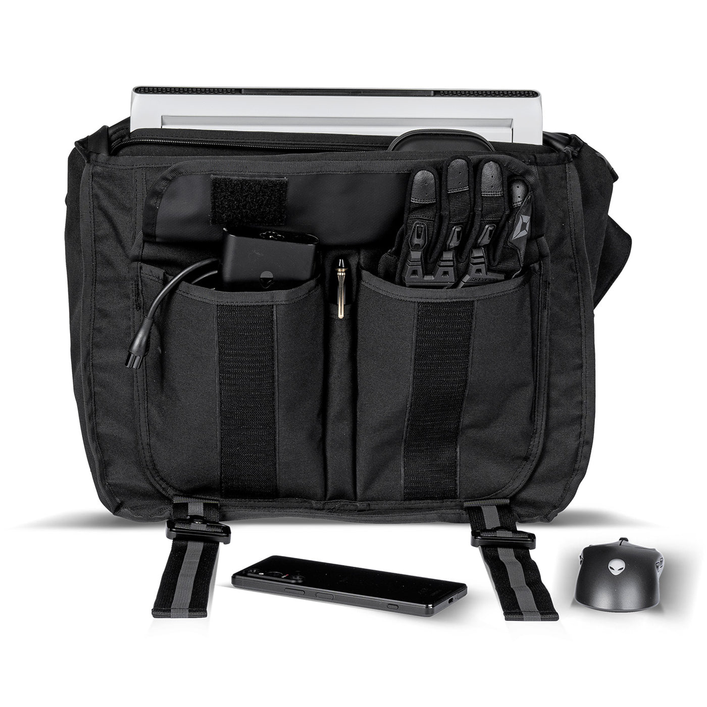 Cortech Waterproof Messenger Bag - Front View of Open Bag with Gear and Laptop inside