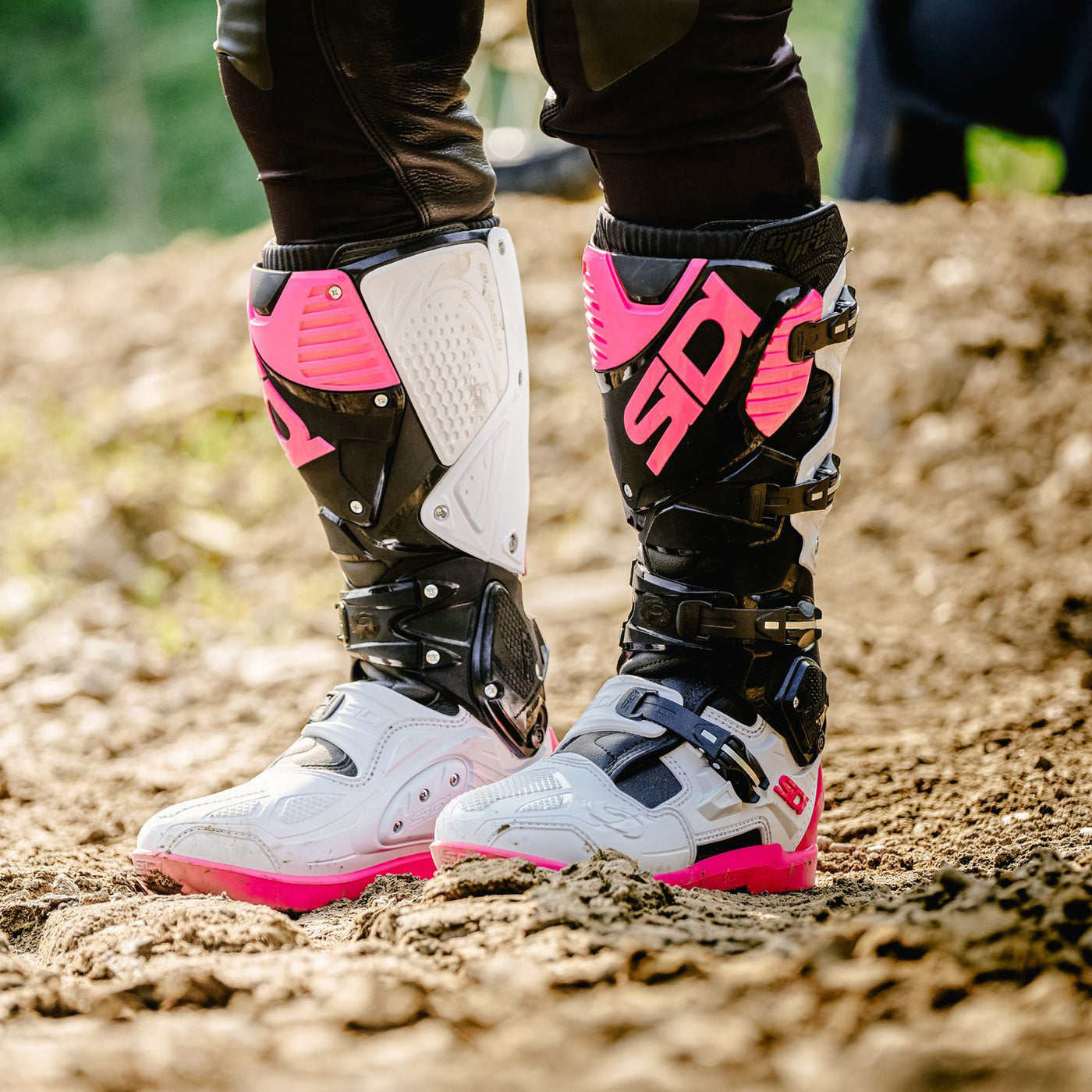 Sidi Crossfire 3 SRS Boots Black/White/Pink - Lifestyle Close-Up of Pair