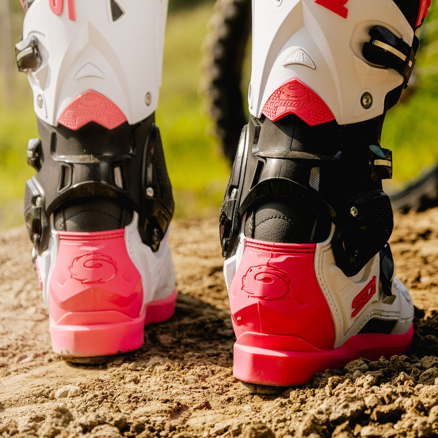 Sidi Crossfire 3 SRS Boots Black/White/Pink - Lifestyle Close-Up of Ankles of Boot Pair