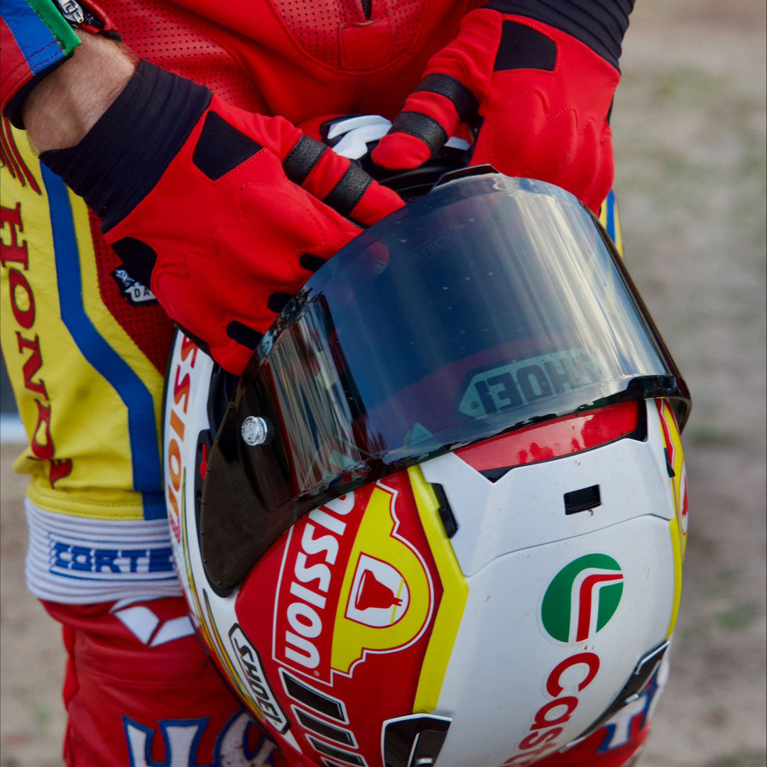 Cortech Lite Gloves Red/Black - Lifestyle Close-Up of Gloved Hands holding Helmet