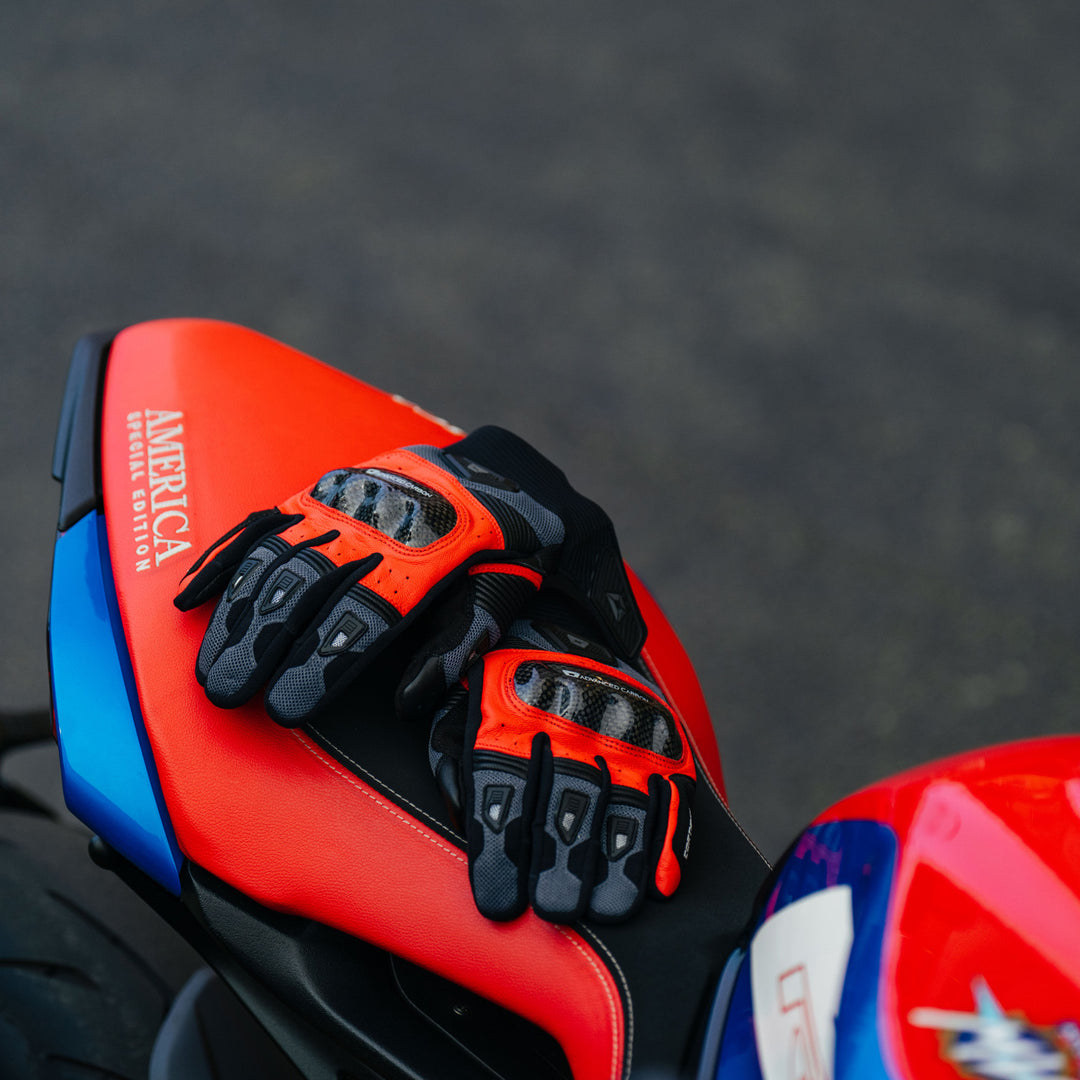 Cortech Apex Air Gloves Red - Lifestyle of Gloves Set on Motorcycle Seat