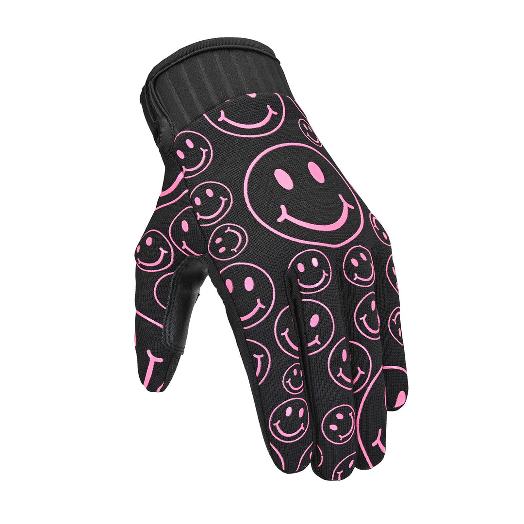 Cortech Women's Standard Issue Happy Faces Gloves Black/Pink - Angled Back of Hand View