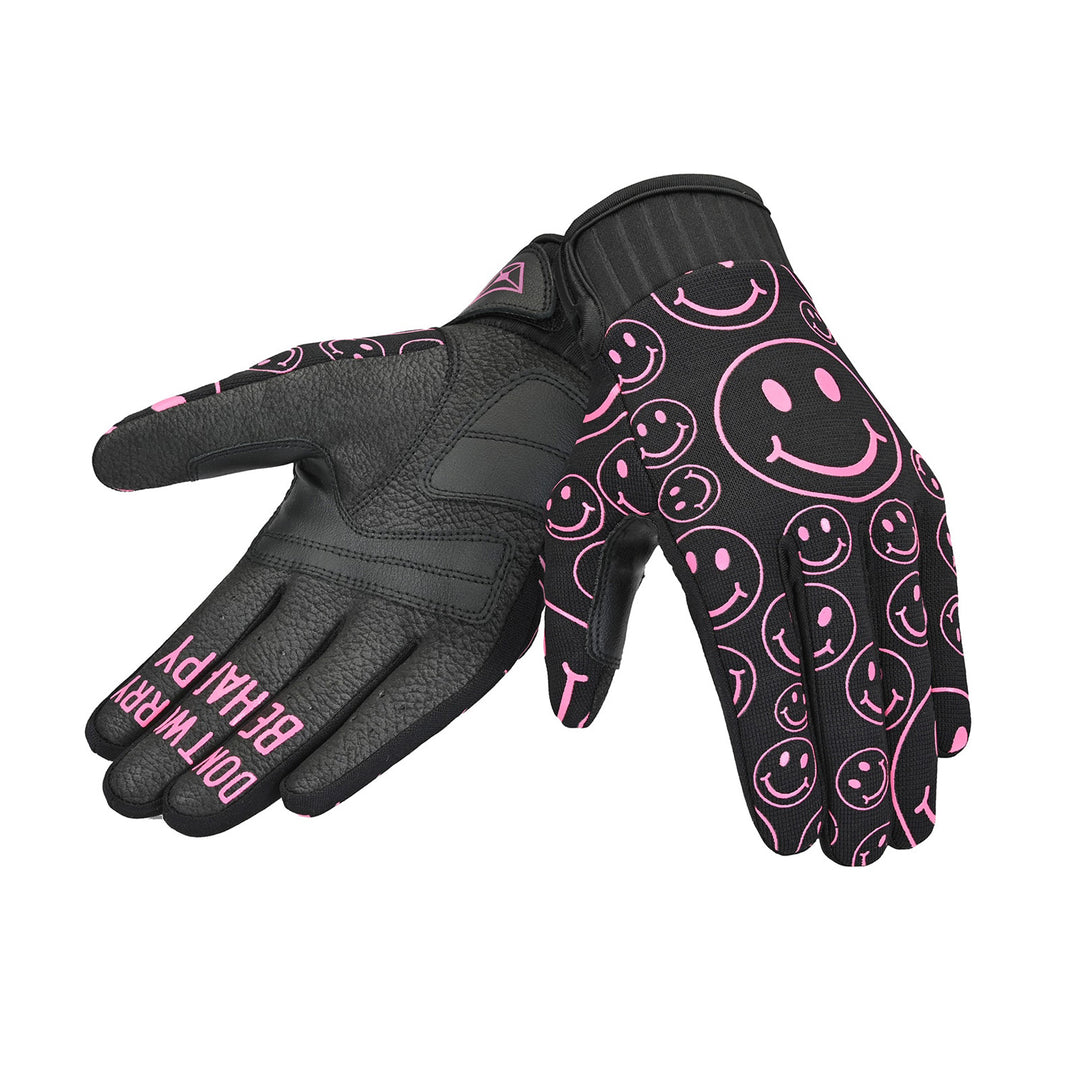 Cortech Women's Standard Issue Happy Faces Gloves Black/Pink - Back of Hand and Palm Views of Pair