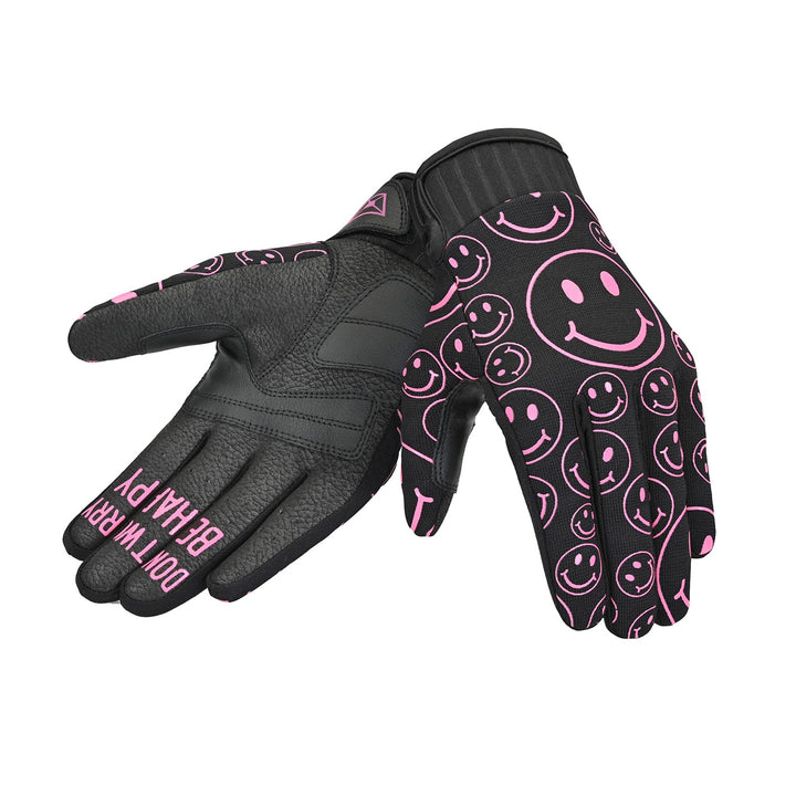 Cortech Women's Standard Issue Happy Faces Gloves Black/Pink - Back of Hand and Palm Views of Pair