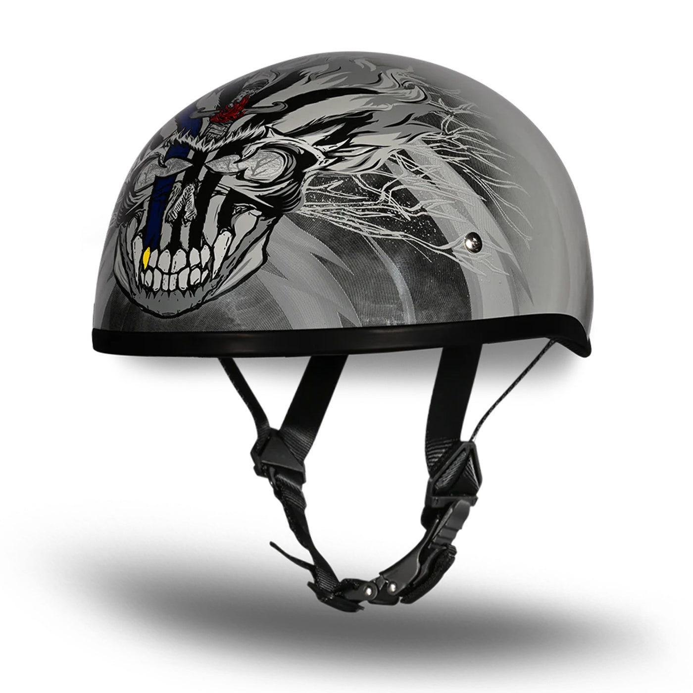 Daytona Helmets D.O.T. Skull Cap - Thunder - Front Left Side View with Chin Strap Hanging Down