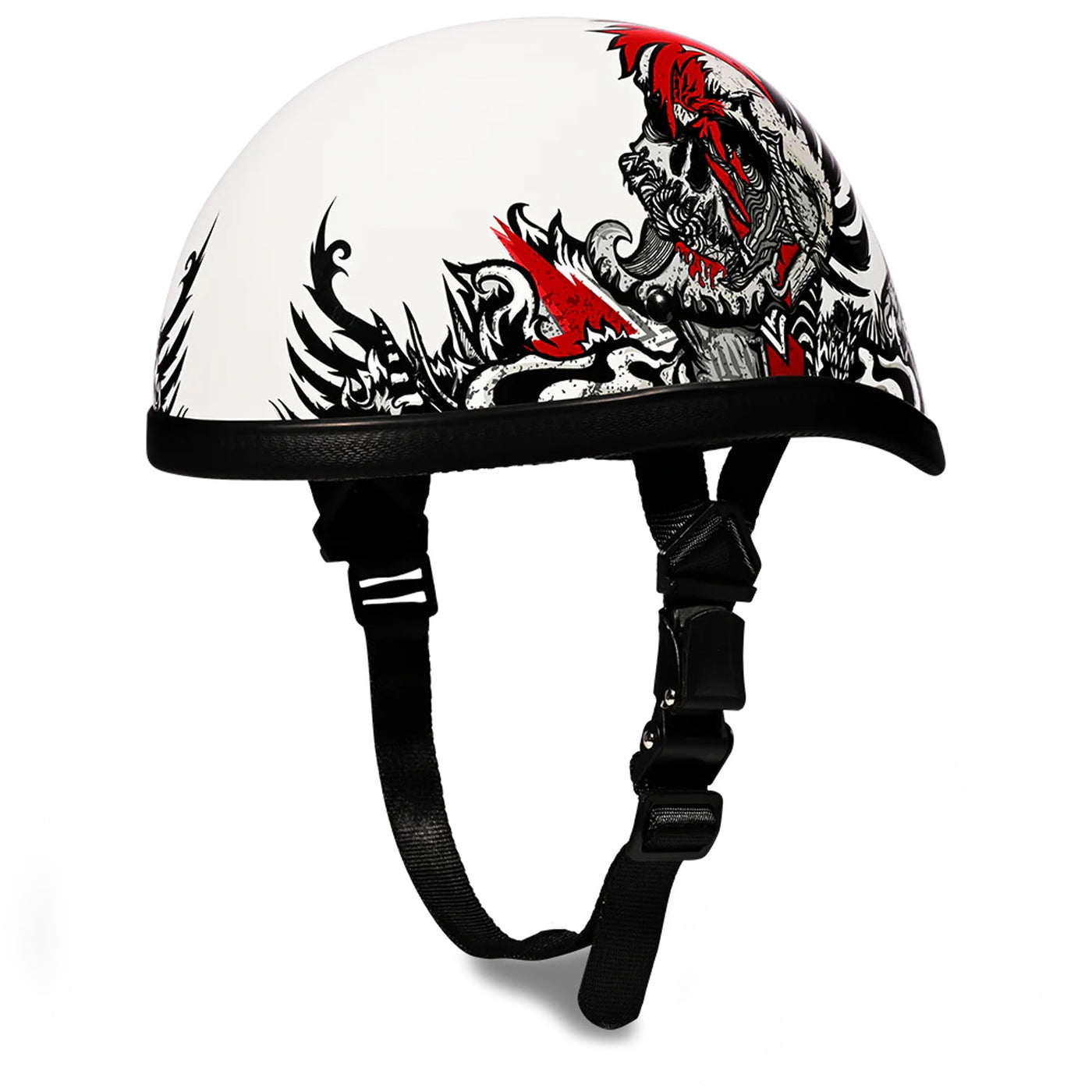 Daytona Helmets Novelty Eagle - Rockin' Reaper - Front Left Side View with Chin Strap Hanging Down