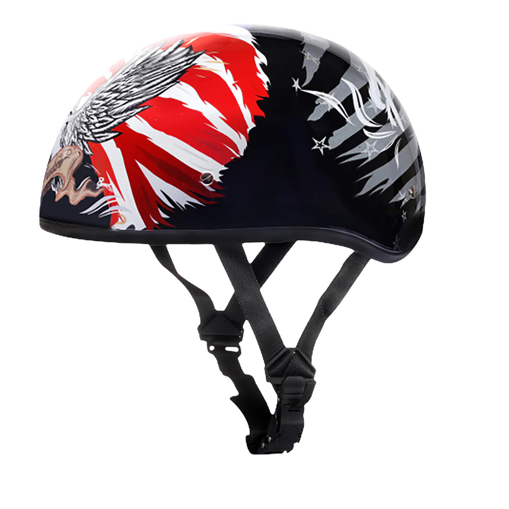 Daytona Helmets D.O.T. Skull Cap - Freedom 2.0 - Front Left Side View with Chin Strap Hanging Down