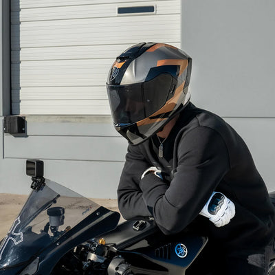 Daytona Helmets D.O.T. & ECE Viper Helmet - Copperhead - Lifestyle of rider wearing helmet while on black sport motorcycle