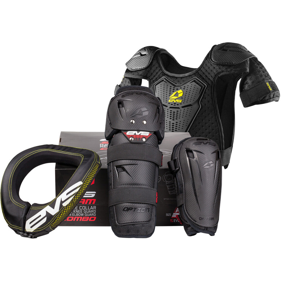 EVS Slam Combo Plus Kit Black - Display View of Knee Pad, Elbow Pad, Race Collar and Chest Deflector