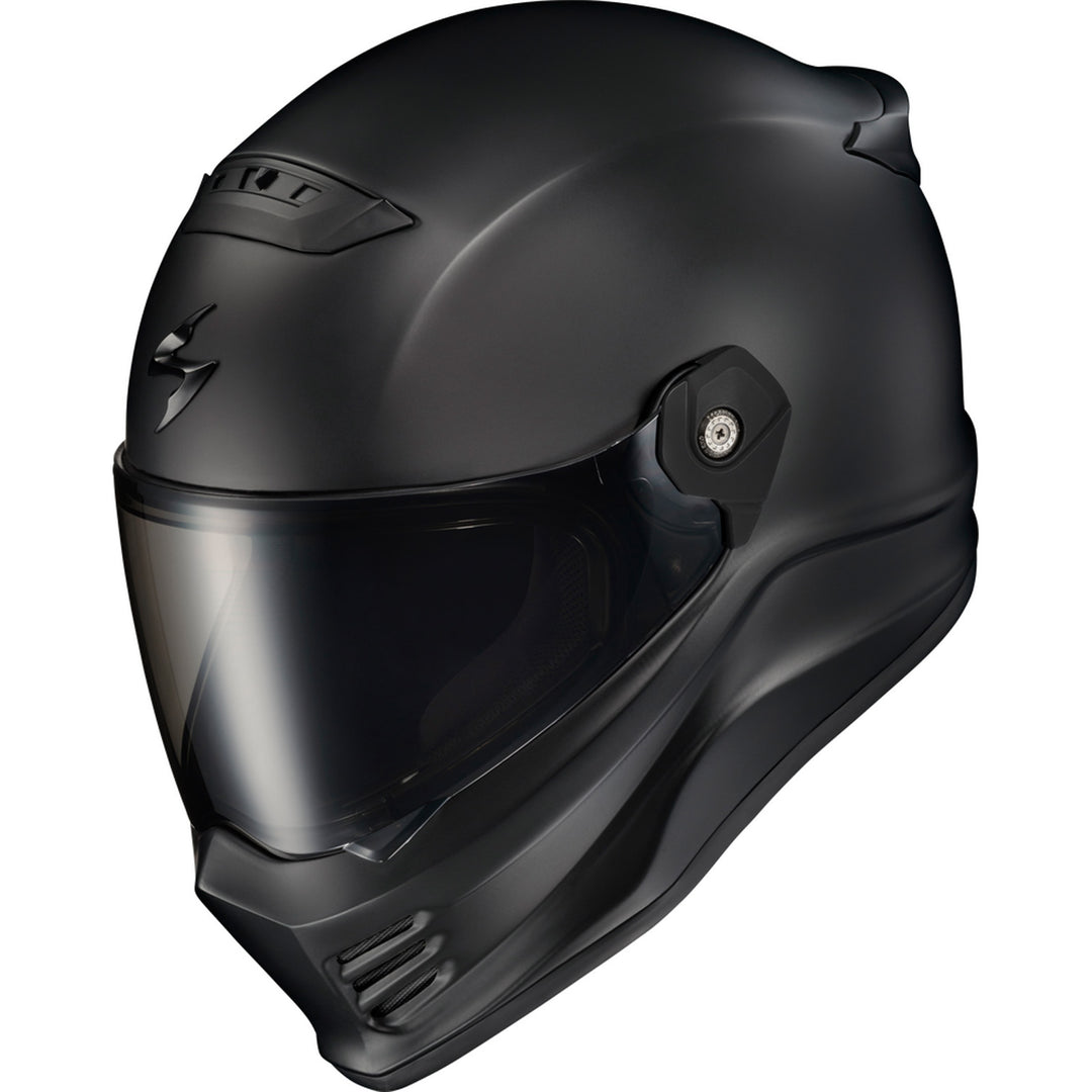 SCORPION EXO Covert FX Full Face Helmet Matte Black - Top Side View with Dark Smoke Faceshield
