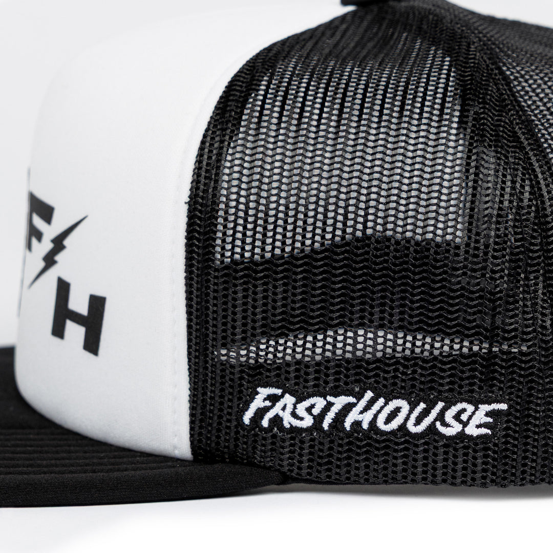Fasthouse 805 Bond Hat White/Black - Close-Up of Side Stitched Logo