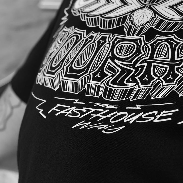 Fasthouse 805 Liquid Courage Tee Black - Close-Up of Bottom of Back Graphic
