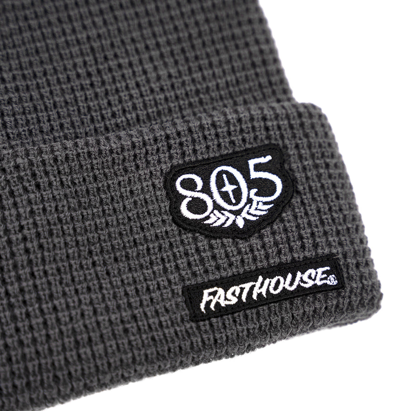 Fasthouse 805 Proper Beanie Dark Gray - Close-Up of Logos