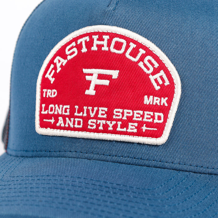 Fasthouse Arthur Hat Indigo - Close-Up of Front Graphic Patch