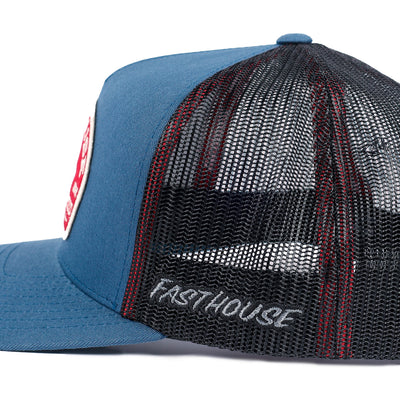 Fasthouse Arthur Hat Indigo - Close-Up of Side Stitched Logo