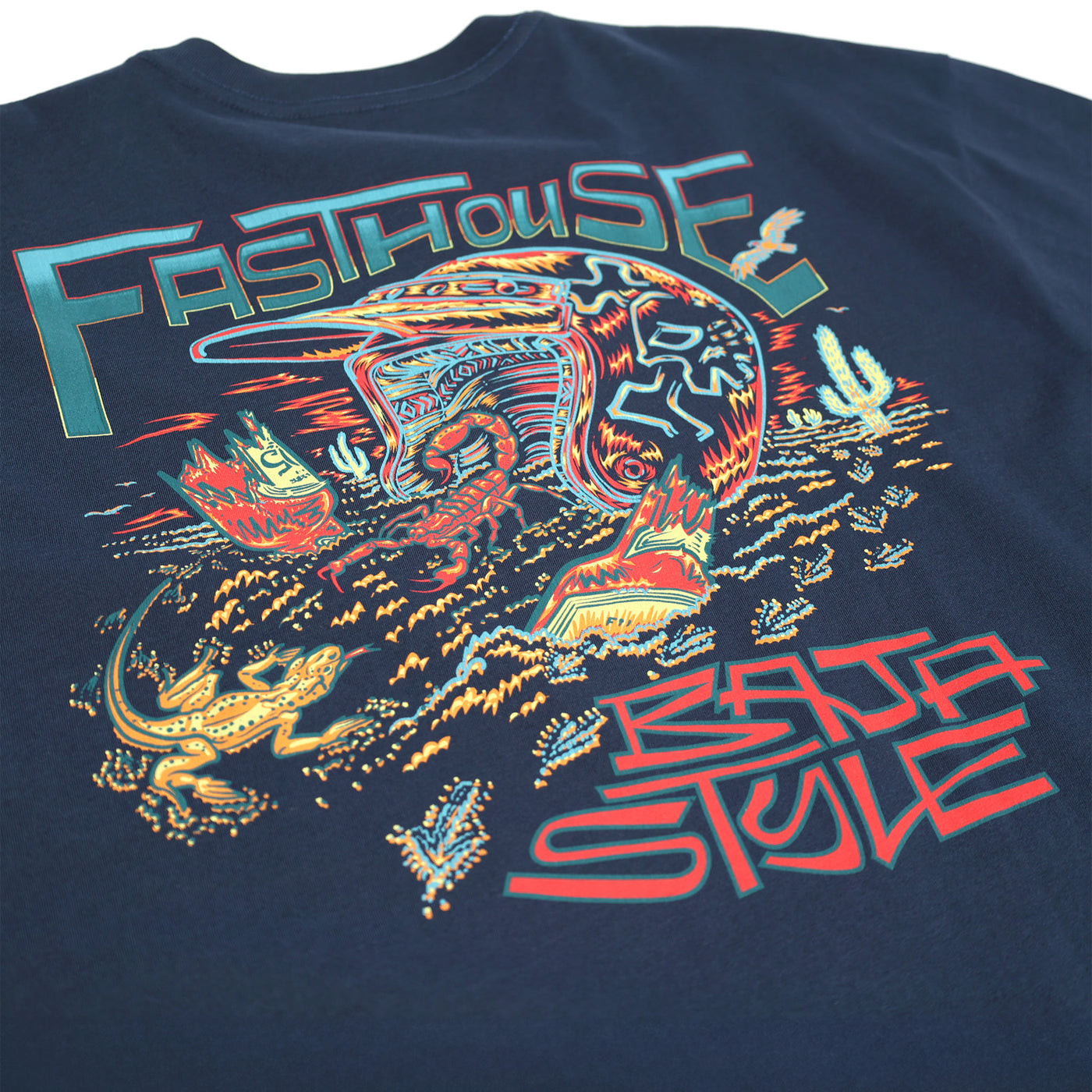 Fasthouse Baja Style SS Tee Navy - Close-Up of Graphic on Back