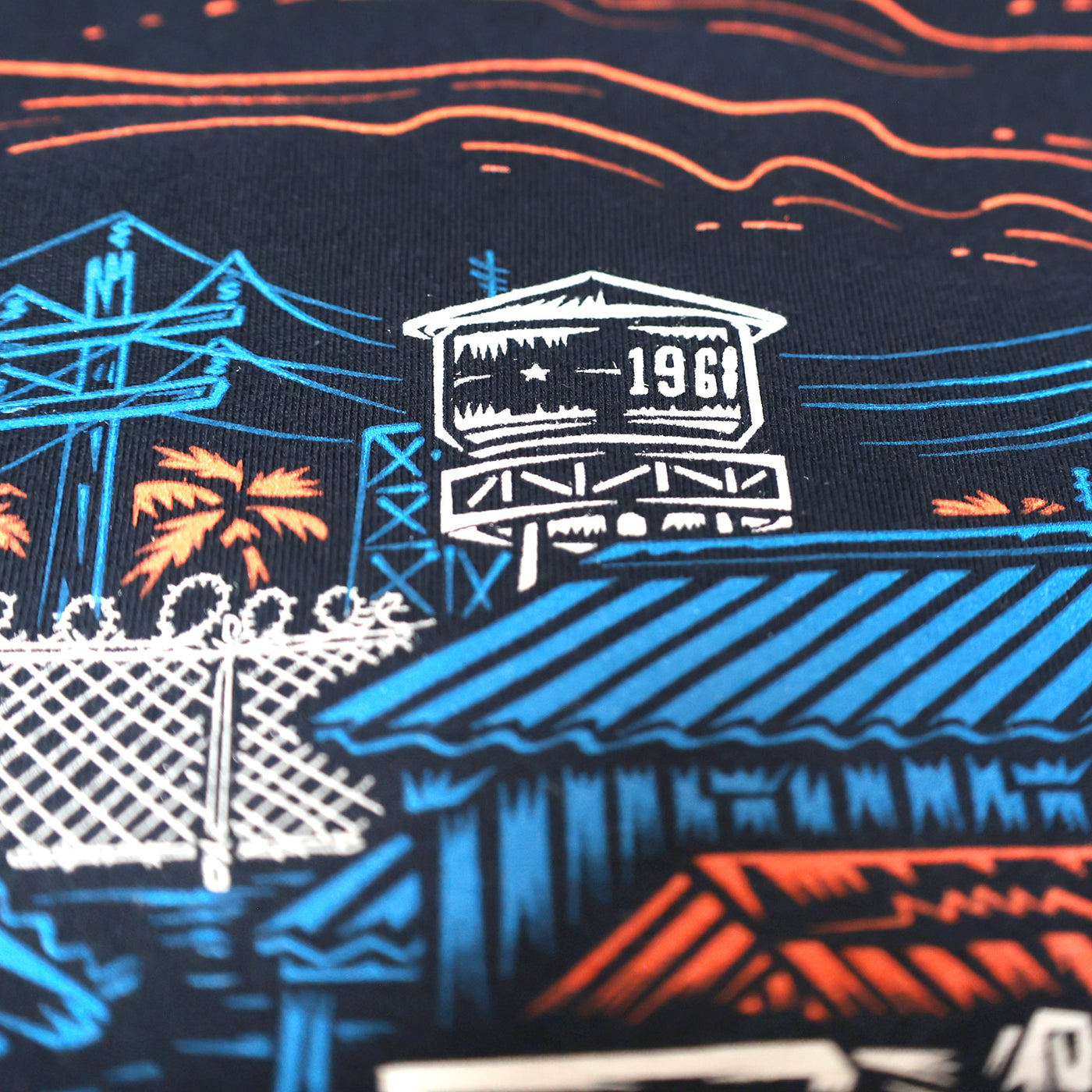 Fasthouse Base Camp SS Tee Navy - Close-Up of Water Tower Detail in Back Graphic