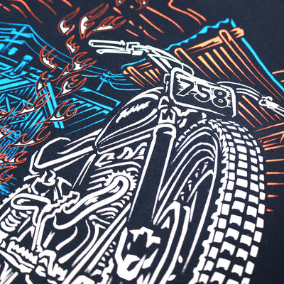 Fasthouse Base Camp SS Tee Navy - Close-Up of Cafe Racer Motorcycle Detail in Back Graphic