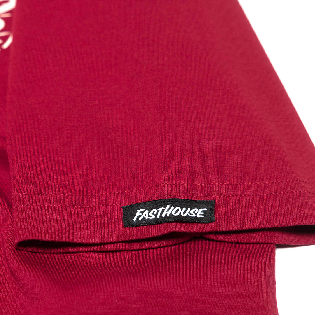Fasthouse Burner SS Tee Cardinal - Close-Up of Brand Tag on Sleeve