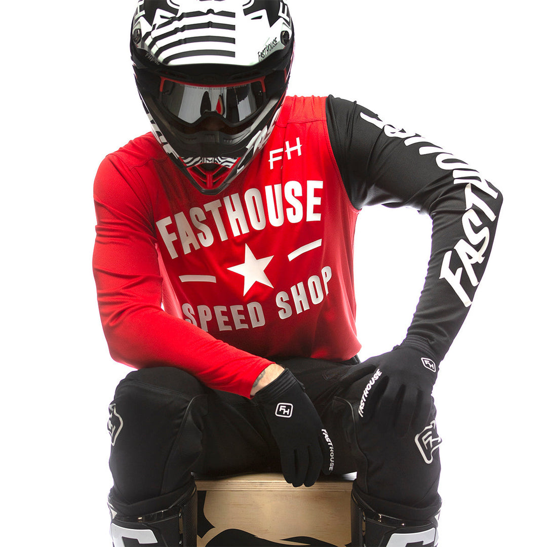 Fasthouse Carbon Jersey Red - Shot of Model in jersey sitting