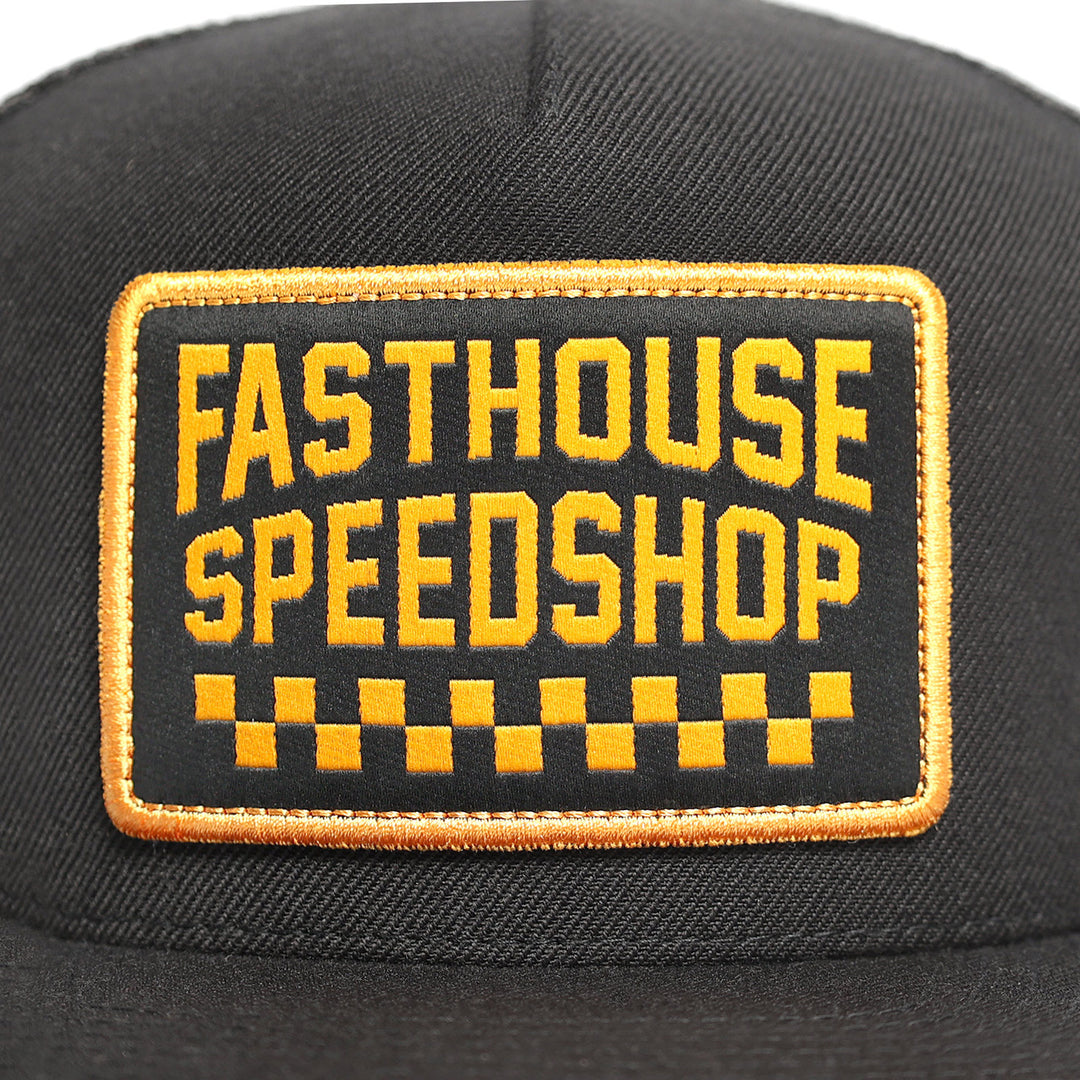 Fasthouse Chalet Hat Black - Close-Up of Front Graphic