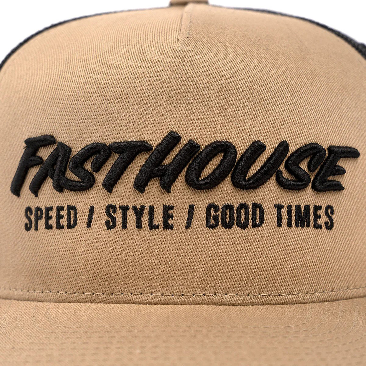 Fasthouse Classic Hat Oversized Tan - Close-Up of Front Graphic