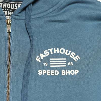 Fasthouse Cobalt Hooded Zip-Up Vintage Blue - Close-Up of Graphic on Front