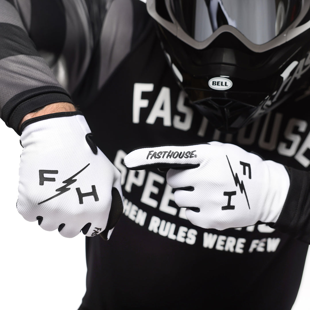 Fasthouse Carbon Eternal Gloves White - Close-Up of Model wearing gloves pointing one finger at back of other hand