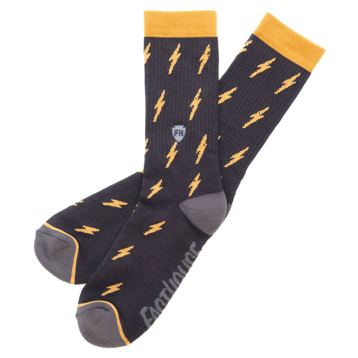 Fasthouse Circuit Crew Socks Black/Vintage Gold - Side View of Criss-Crossed Pair