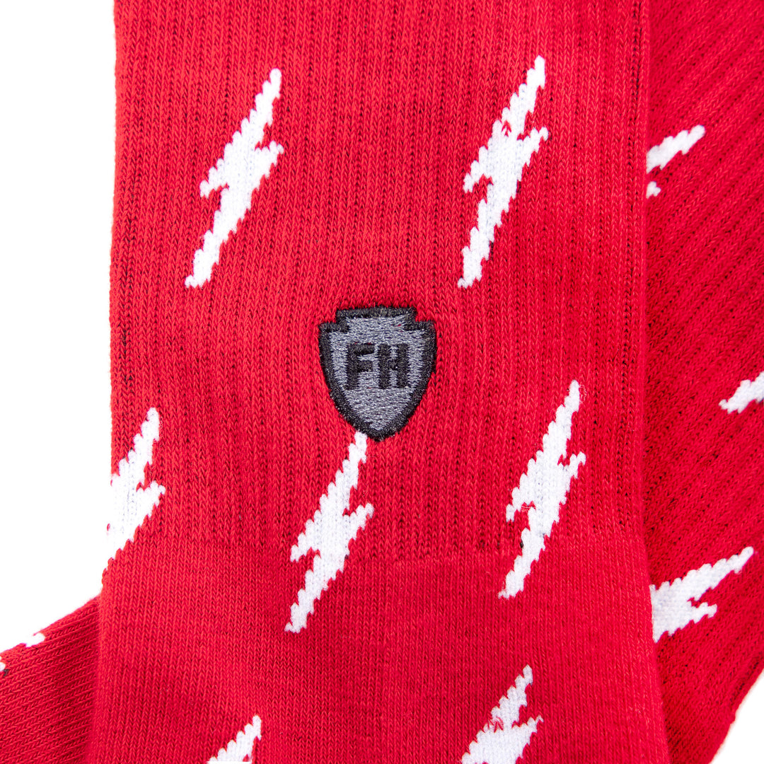 Fasthouse Circuit Crew Socks Red/White - Close-Up Side View of Stitched Logo