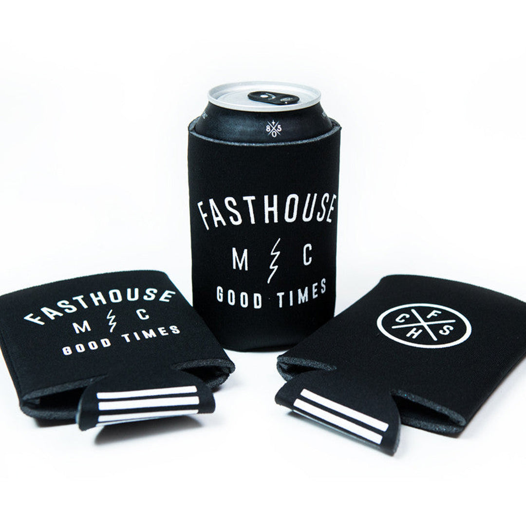 Fasthouse Custom Shop Koozie - Display View of Trio: Front and Rear Views Lying on Ground, Plus Third Standing With Soda Can Inserted