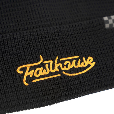 Fasthouse Defector Beanie Black - Close-Up of Sewn-In Logo on Front