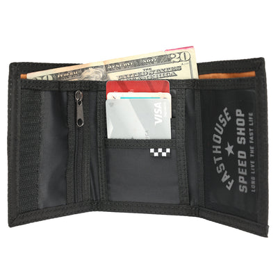 Fasthouse Distortion Trifold Wallet - Unfolded View with mock cash and cards inserted