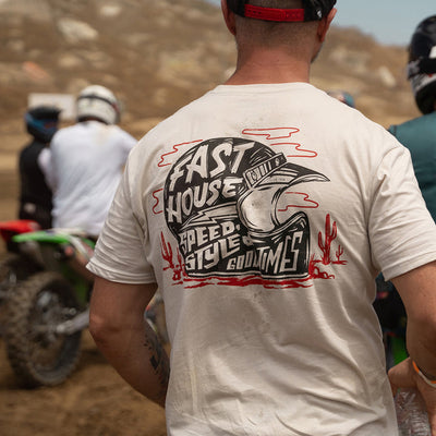 Fasthouse Dust Devil Tee Sand - Lifestyle from back of Model wearing shirt