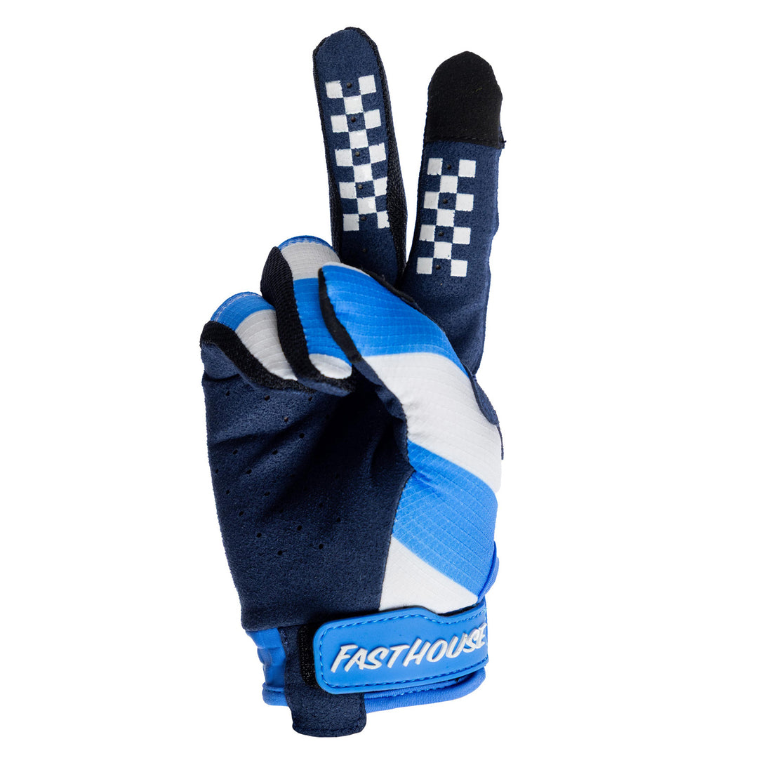 Fasthouse Elrod Ether Gloves Electric Blue/Navy - Palm View of Glove Set Up as Peace Sign