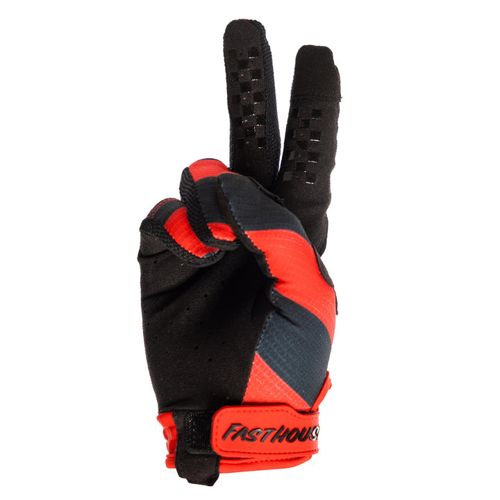 Fasthouse Elrod Ether Gloves Red/Jester Red - Palm View of Glove Set Up as Peace Sign