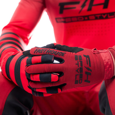 Fasthouse Elrod Ether Gloves Red/Jester Red - Close-Up of Model's Gloved Hands Together, Fingers Entwined