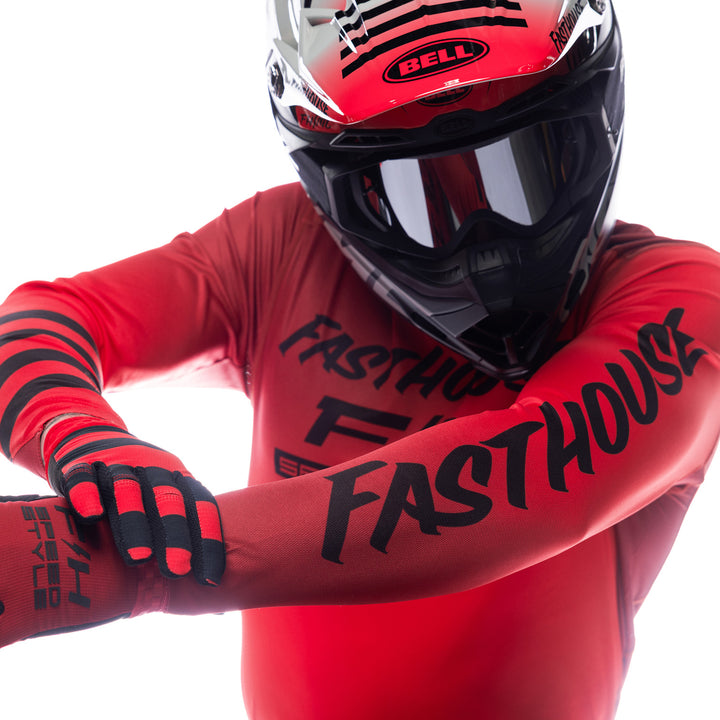 Fasthouse Elrod Ether Jersey Red/Jester Red - Close-Up of Model Showing Sleeve Graphics