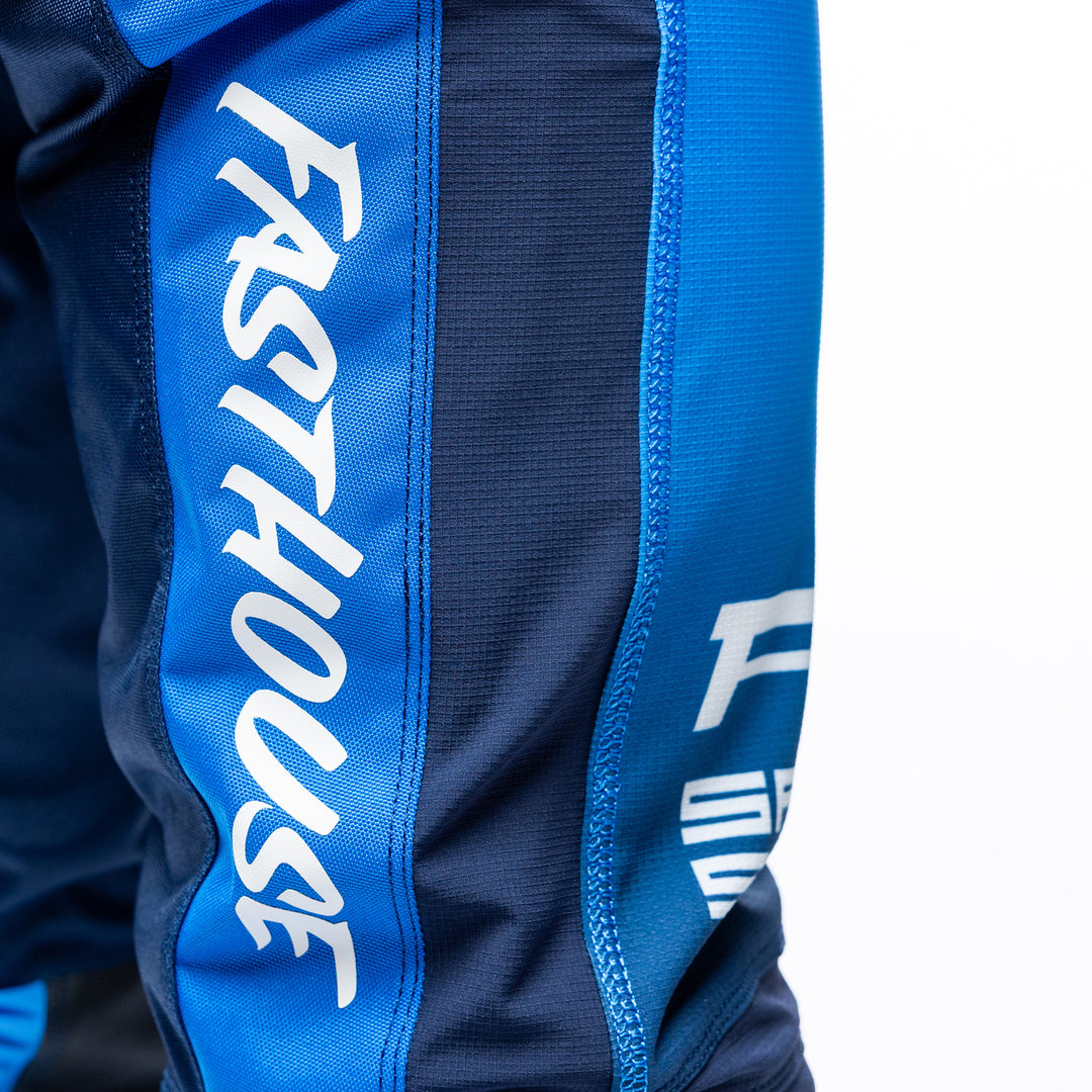 Fasthouse Elrod Ether Pants Electric Blue/Navy - Close-Up of Right Thigh Graphics
