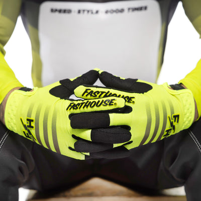 Fasthouse Elrod Hypersonic Gloves Hi-Viz - Close-Up of Gloved Hands with fingers entwined