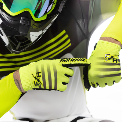 Fasthouse Elrod Hypersonic Gloves Hi-Viz - Close-Up of Model Pointing with one gloved at back of other gloved hand