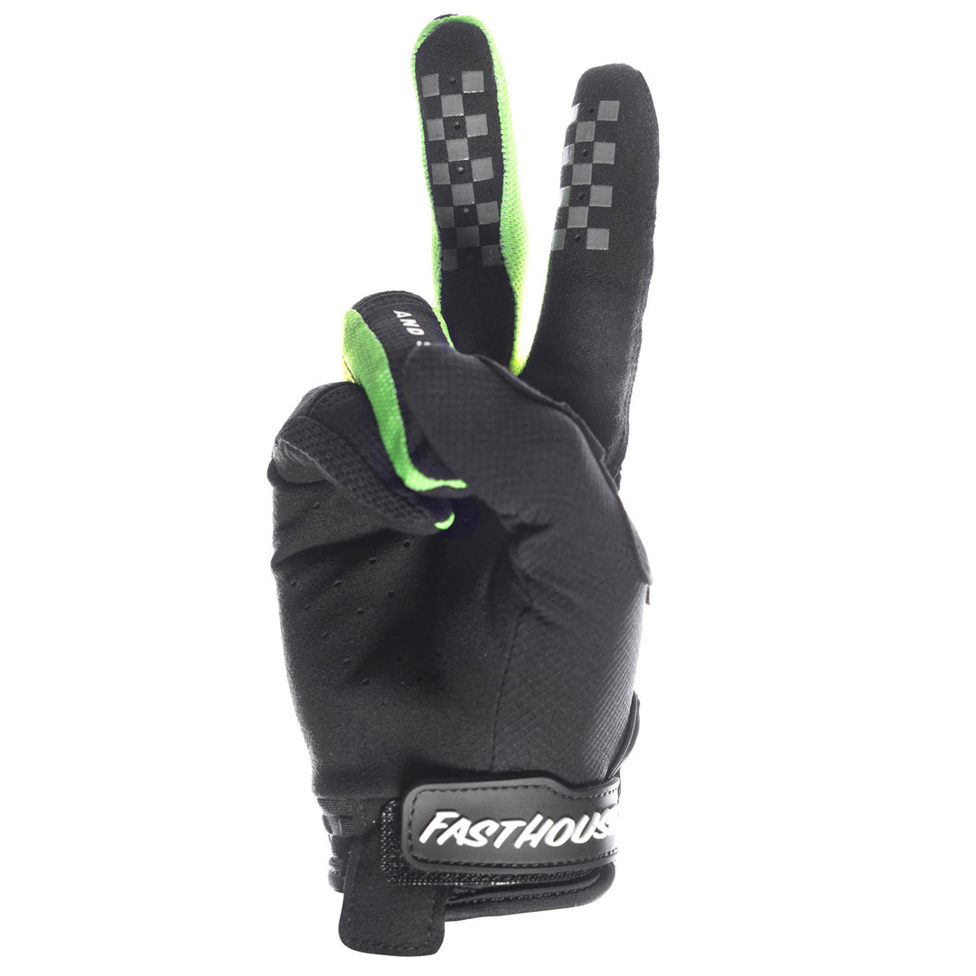 Fasthouse Elrod Nitro Gloves Black Neon - Palm View of Peace Sign