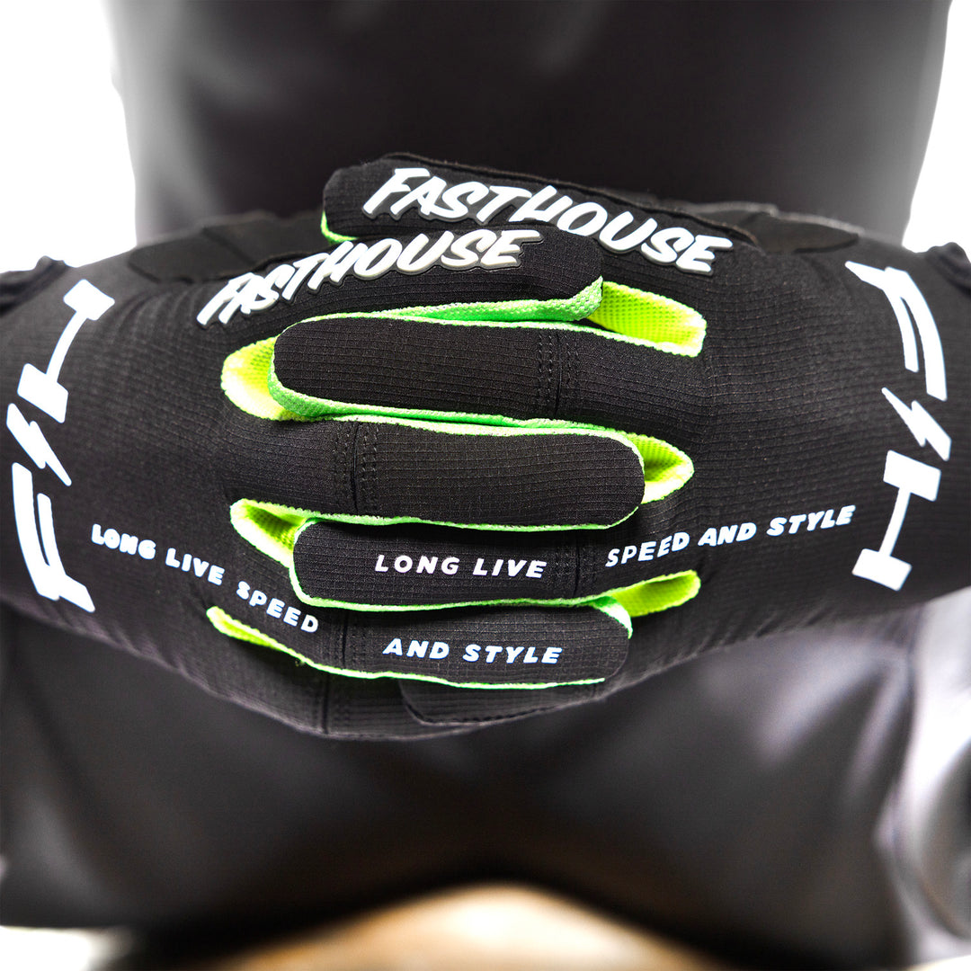 Fasthouse Elrod Nitro Gloves Black Neon - Close-Up of Model Wearing Gloves, Fingers Entwined