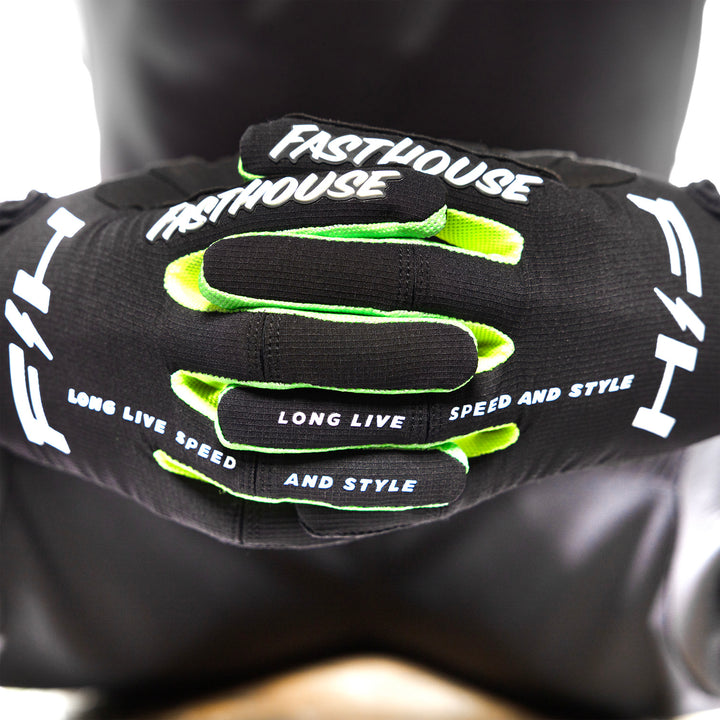 Fasthouse Elrod Nitro Gloves Black Neon - Close-Up of Model Wearing Gloves, Fingers Entwined