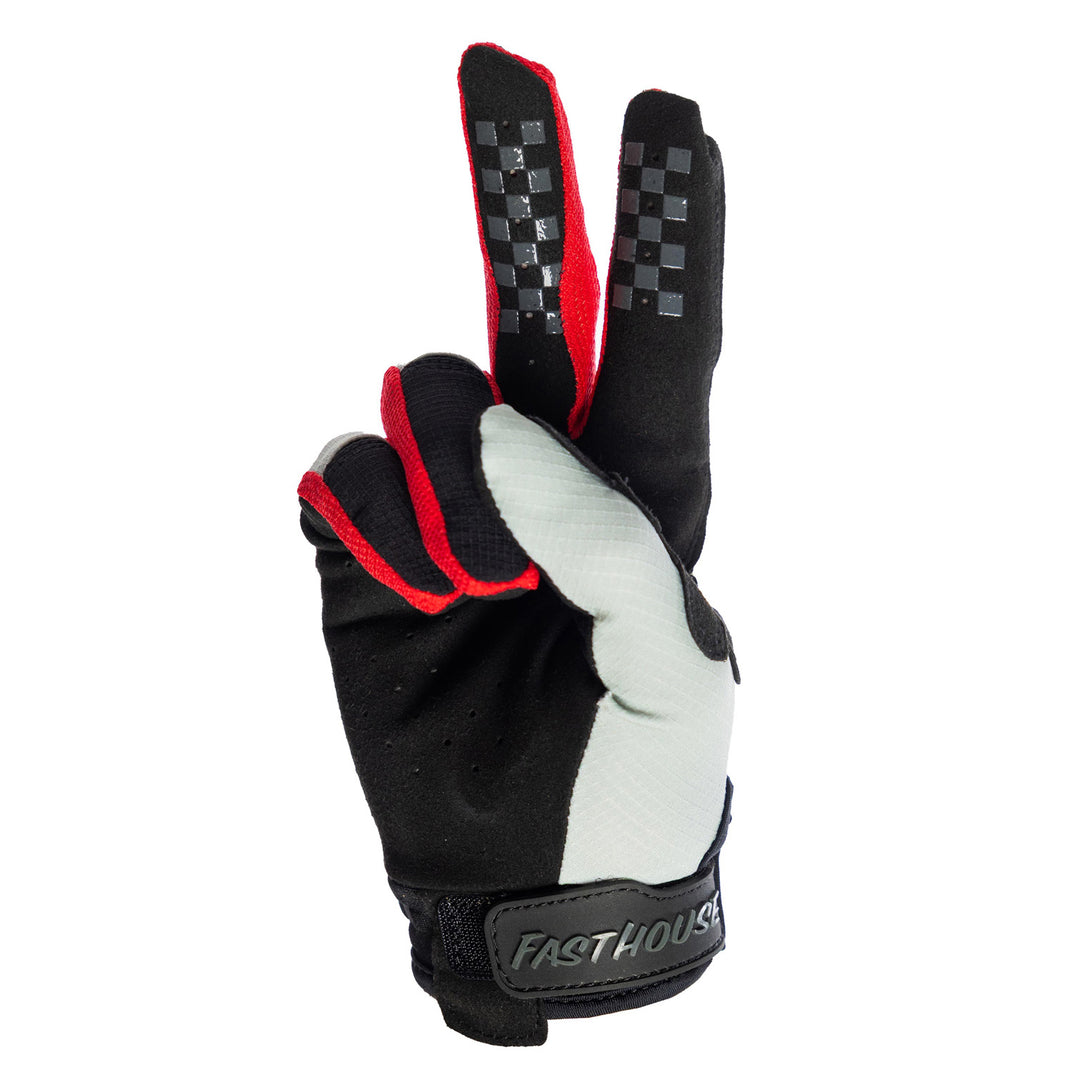 Fasthouse Elrod Storm Gloves Fog/Black - Palm View of Glove Set Up as Peace Sign